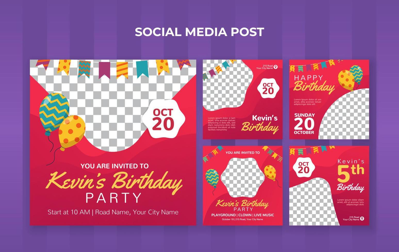 Kids birthday party social media post template. Suitable for kids birthday invitation or any other kids event vector