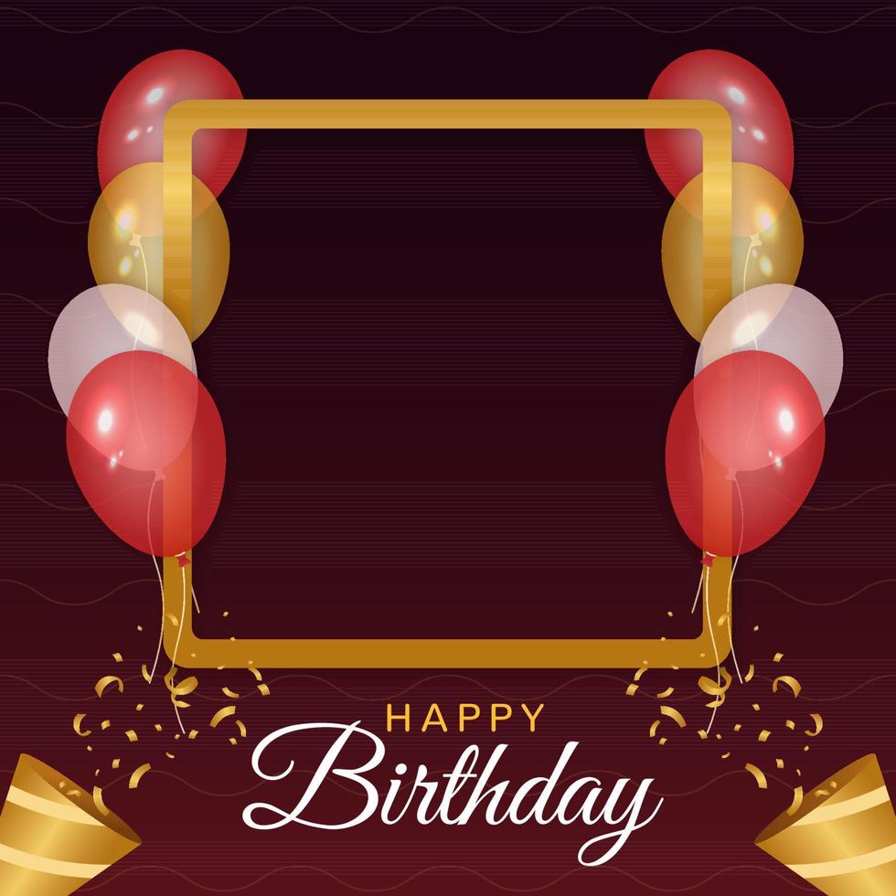 Happy birthday with golden frame, confetti and balloons vector