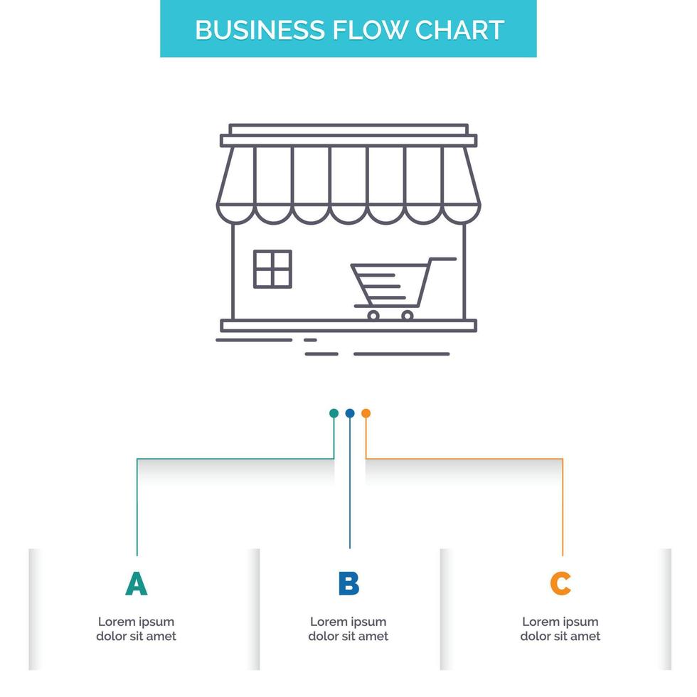 tienda. Tienda. mercado. edificio. diseño de diagrama de flujo de negocios de compras con 3 pasos. icono de línea para el lugar de plantilla de fondo de presentación para texto vector