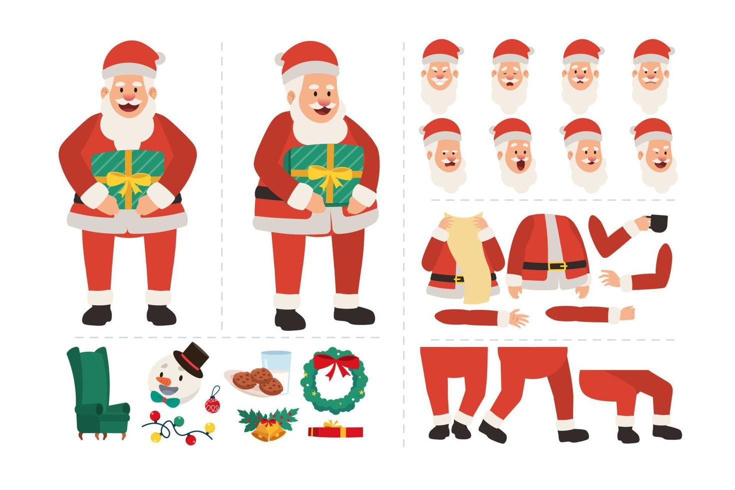 Santa claus holding christmas gift. Character for animation design with various facial expressions, hand gestures, body and leg movement illustration vector