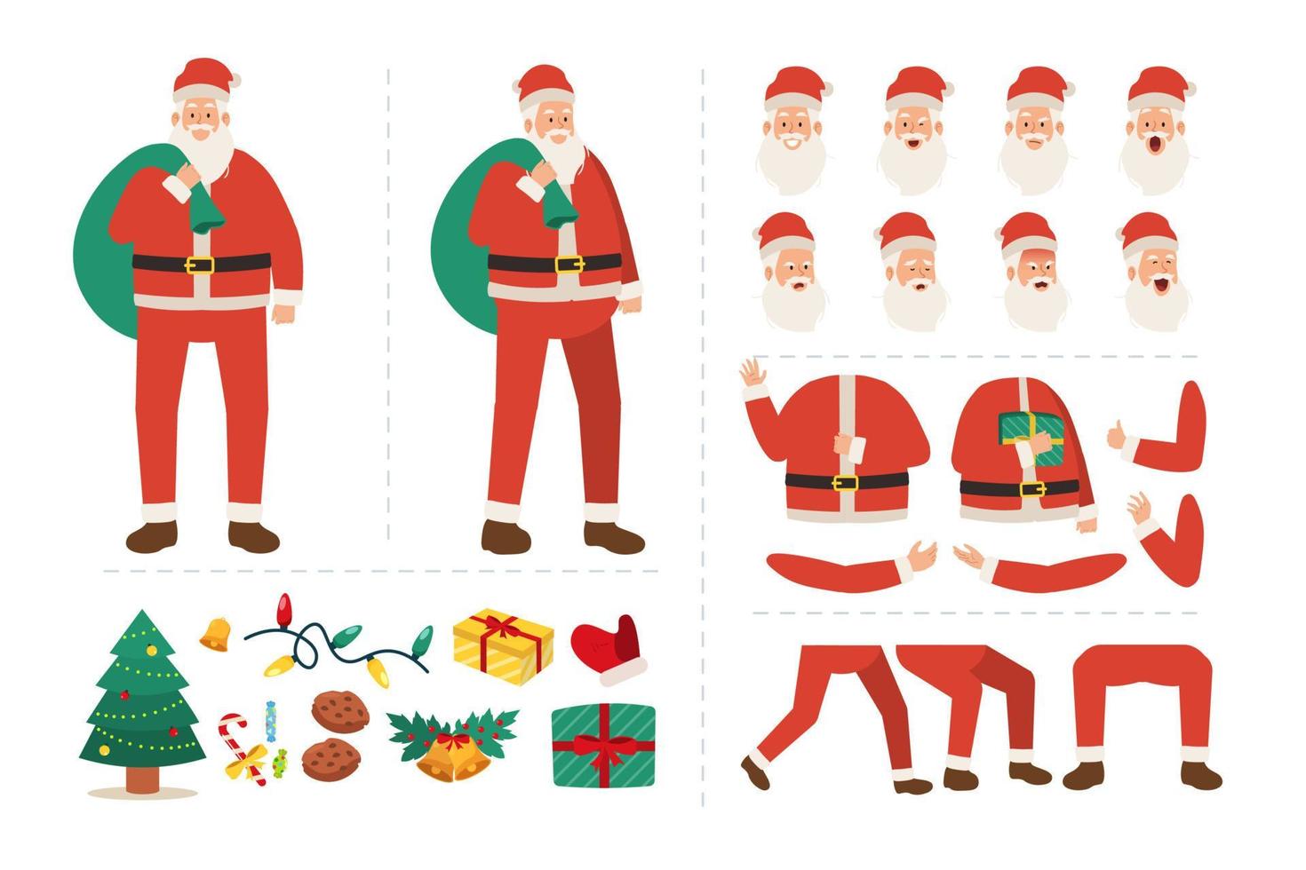 santa claus en ropa roja. personaje para animación con diversas expresiones faciales, gestos con las manos, ilustración de movimiento corporal y de piernas vector