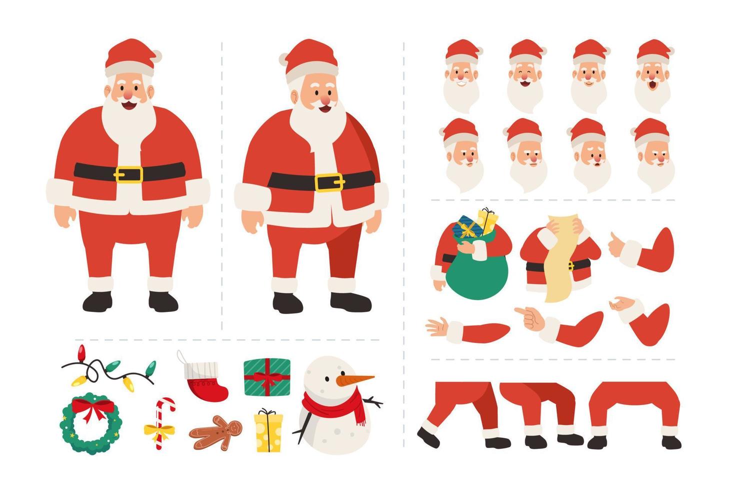 personaje de dibujos animados de santa claus para animación con varias expresiones faciales, gestos con las manos, ilustración de movimiento corporal y de piernas vector