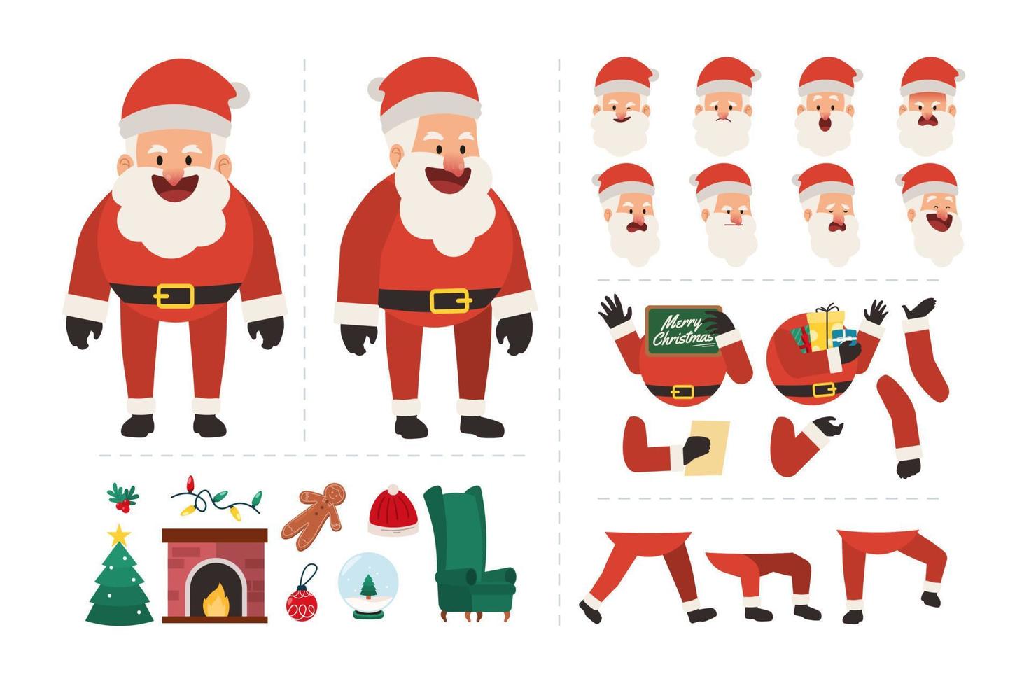 Santa claus character with various facial expressions, hand gestures, body and leg movement illustration. Character for christmas motion design vector