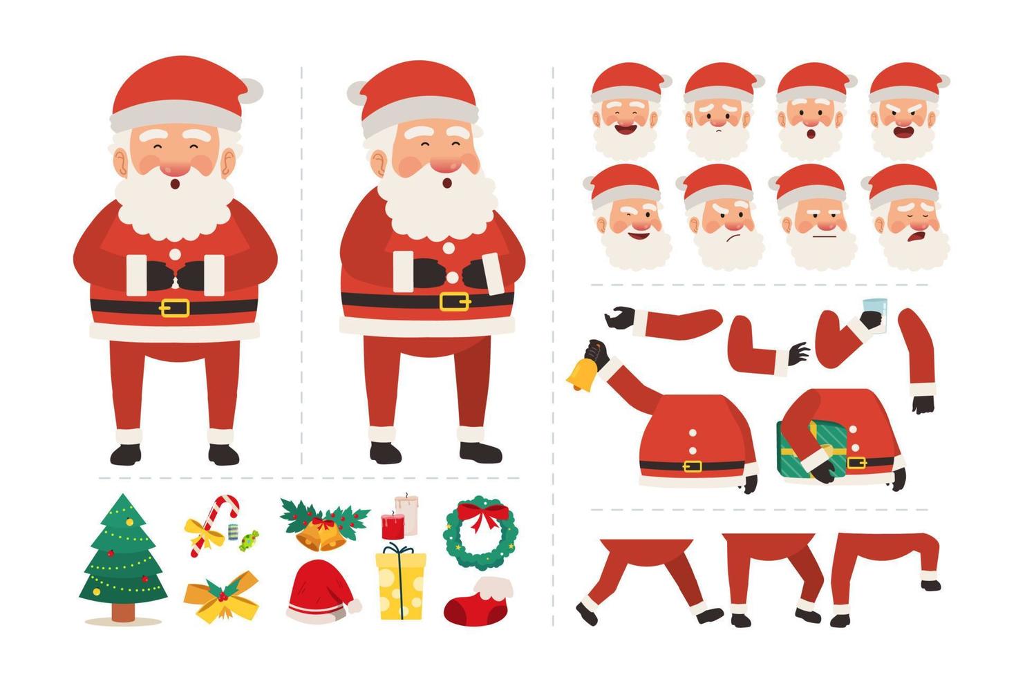 Santa claus cartoon character for animation design with various facial expressions, hand gestures, body and leg movement illustration vector