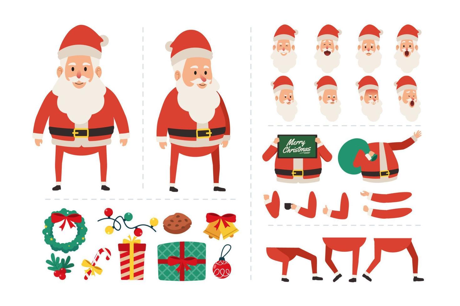 Santa claus cartoon character with various facial expressions, hand gestures, body and leg movement illustration. Character for christmas motion animation vector