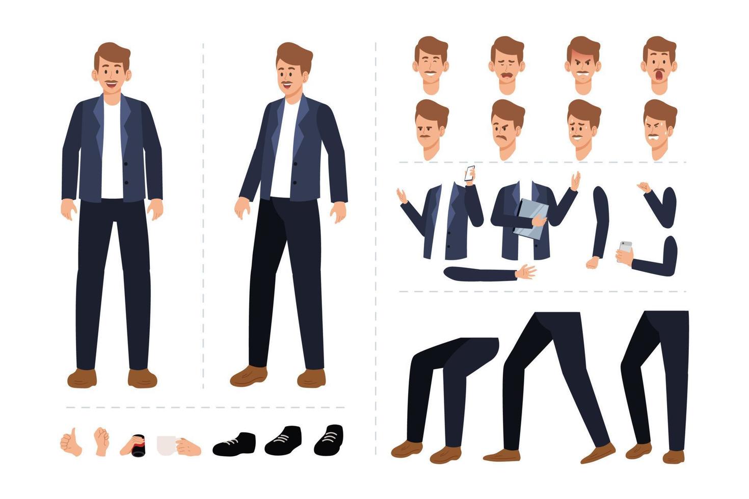 Man with mustache character for motion design with facial expressions, hand gestures, body and leg movement illustration vector