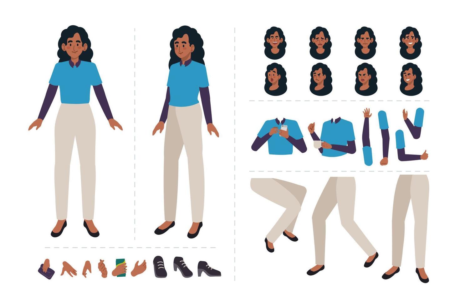 Woman cartoon character for motion design with facial expressions, hand gestures, body and leg movement vector