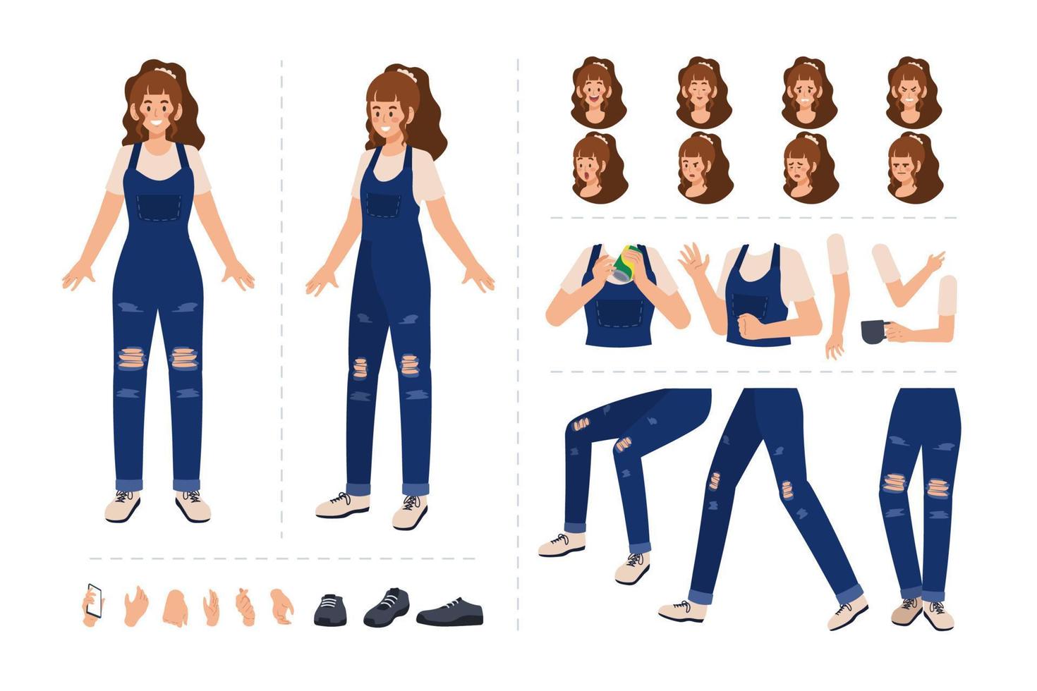 personaje de dibujos animados de niña con varias expresiones faciales, gestos con las manos, ilustración de movimiento corporal y de piernas. personaje para animación de diseño de movimiento vector