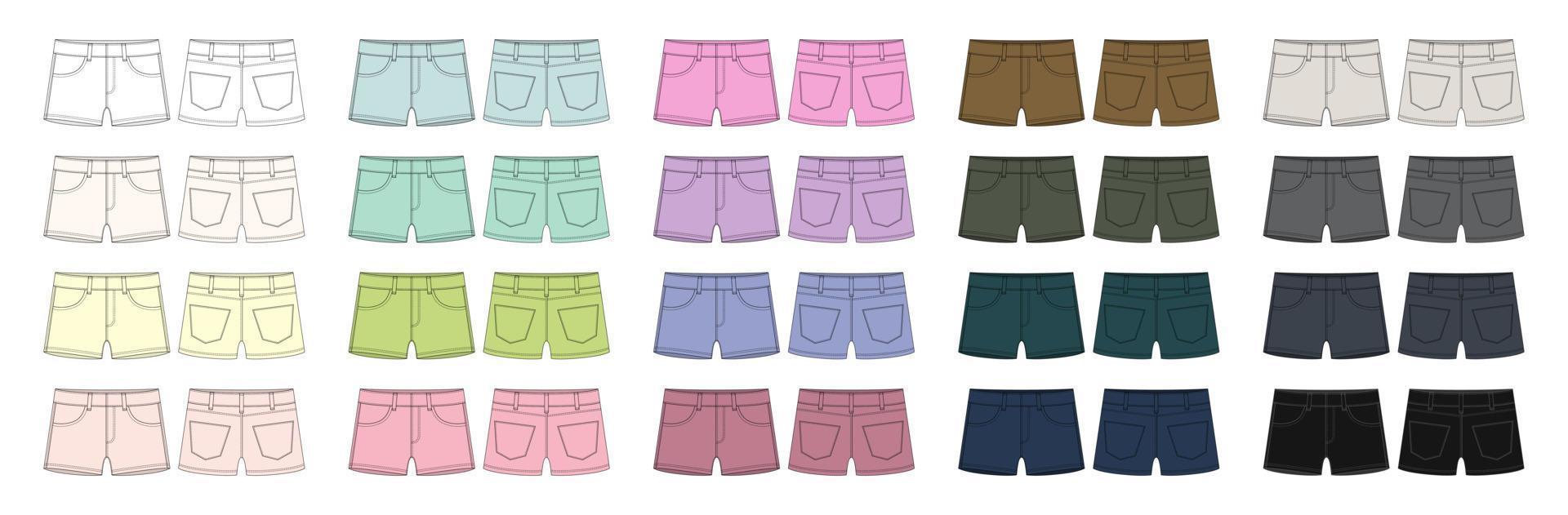 Set of denim short with pockets technical sketch. Kids jeans shorts design template collection. Diffirent colors. vector