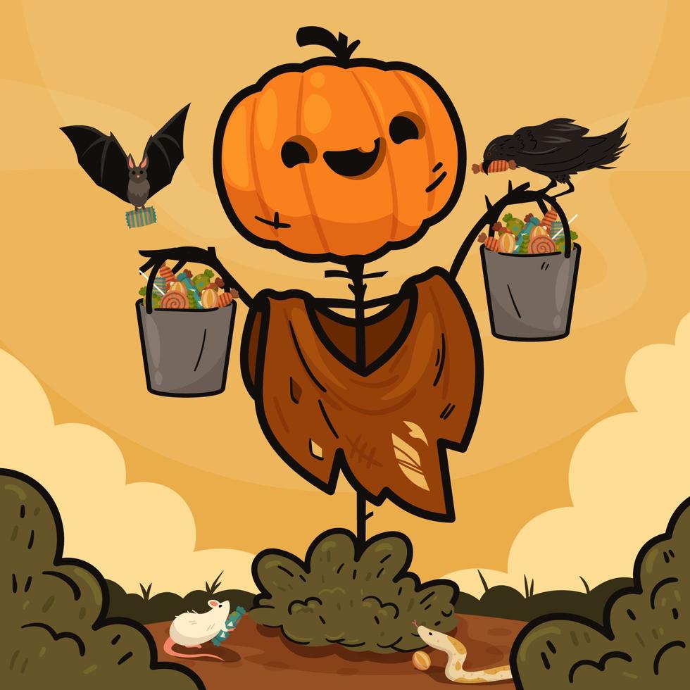 Halloween background with scarecrow and bucket filled with candy vector