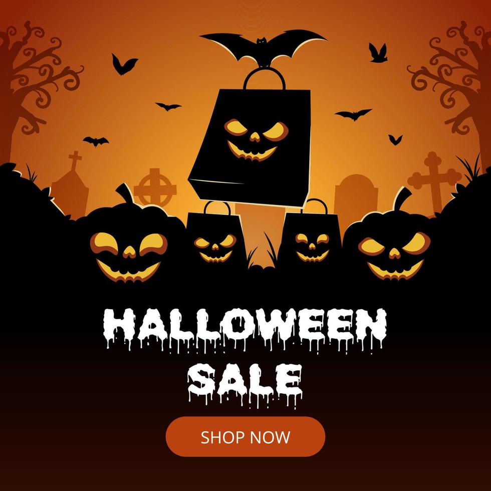 Halloween sale background with bat and pumpkin silhouette vector