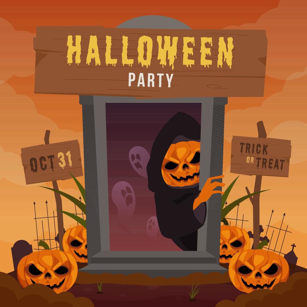 Halloween party background with scary pumpkin head vector