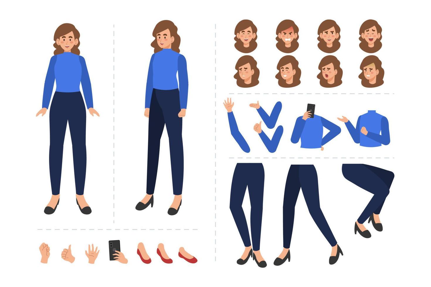 Woman cartoon character for motion design with facial expressions, hand gestures, body and leg movement vector