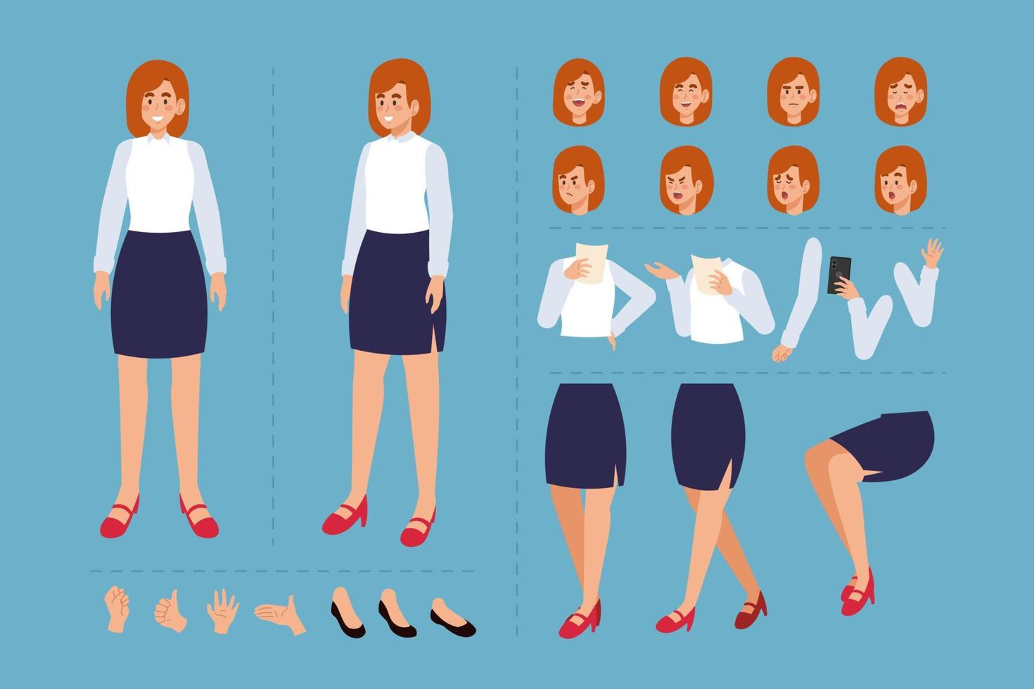 Woman cartoon character for motion design with facial expressions, hand gestures, body and leg movement vector