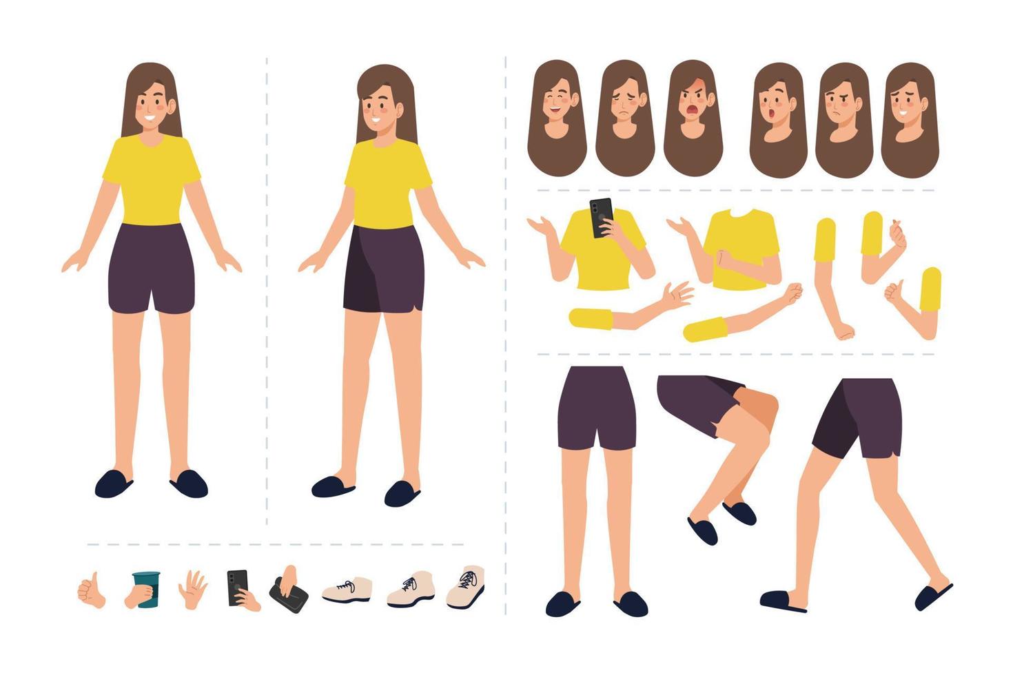 Girl character with various facial expressions, hand gestures, body and leg movement. Cartoon character for motion animation vector
