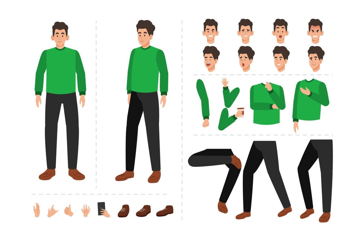 personaje de hombre joven con diversas expresiones faciales, gestos con las manos, movimiento corporal y de piernas. personaje de dibujos animados para animación en movimiento vector