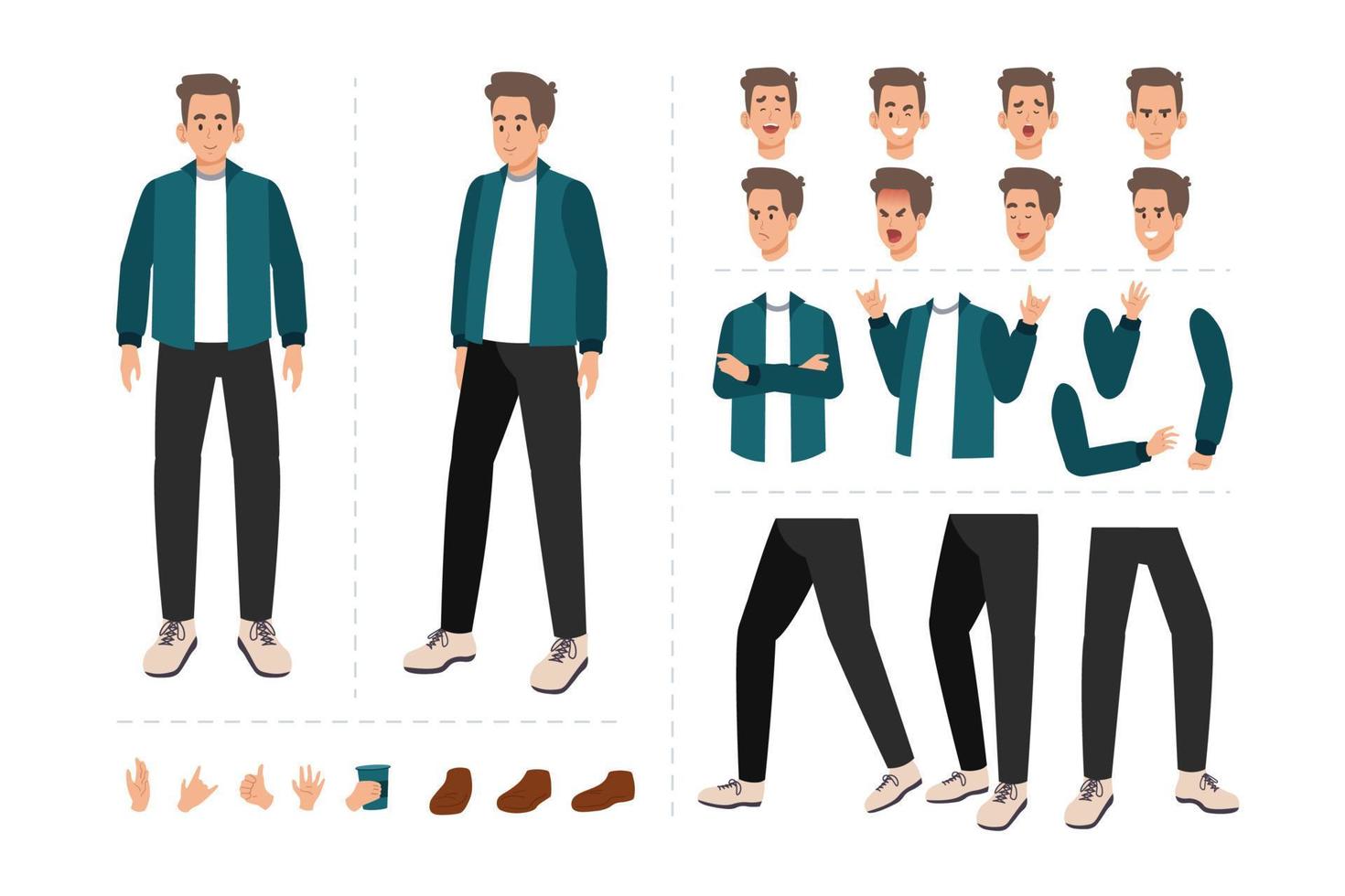 Man cartoon character for motion design with facial expressions, hand gestures, body and leg movement vector