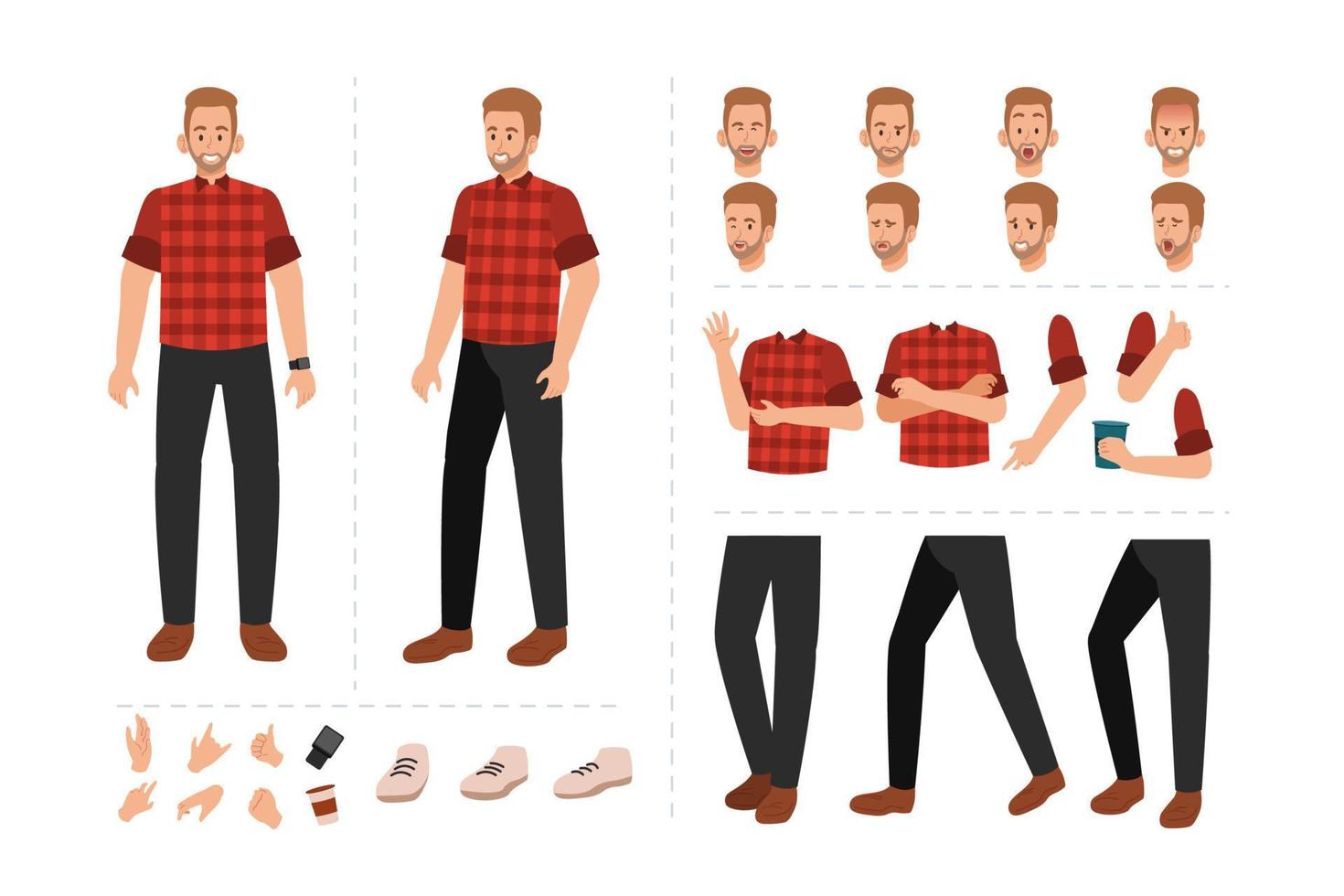 Young man cartoon character for motion design with facial expressions, hand gestures, body and leg movement vector