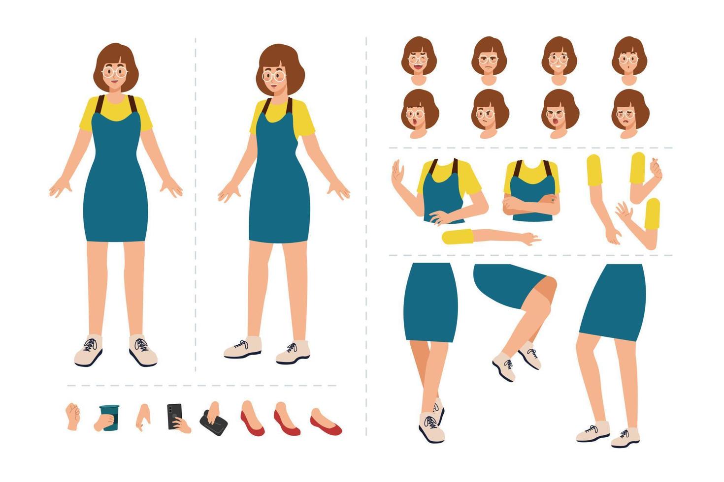 Girl cartoon character for motion design with facial expressions, hand gestures, body and leg movement vector