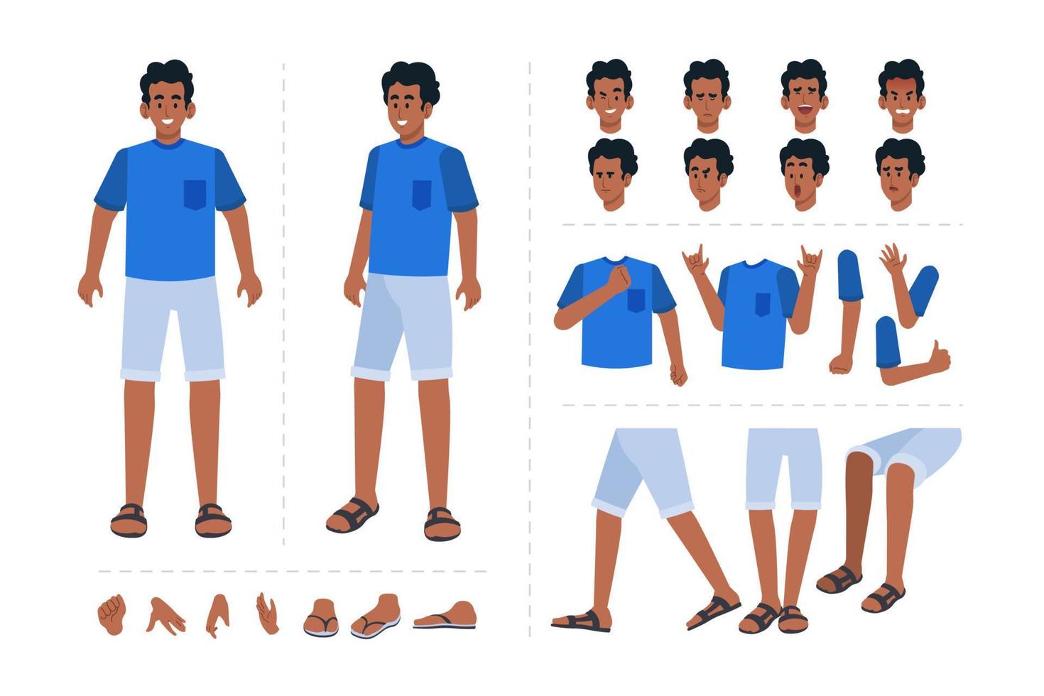 Boy cartoon character with various facial expressions, hand gestures, body and leg movement. Cartoon character for motion animation vector