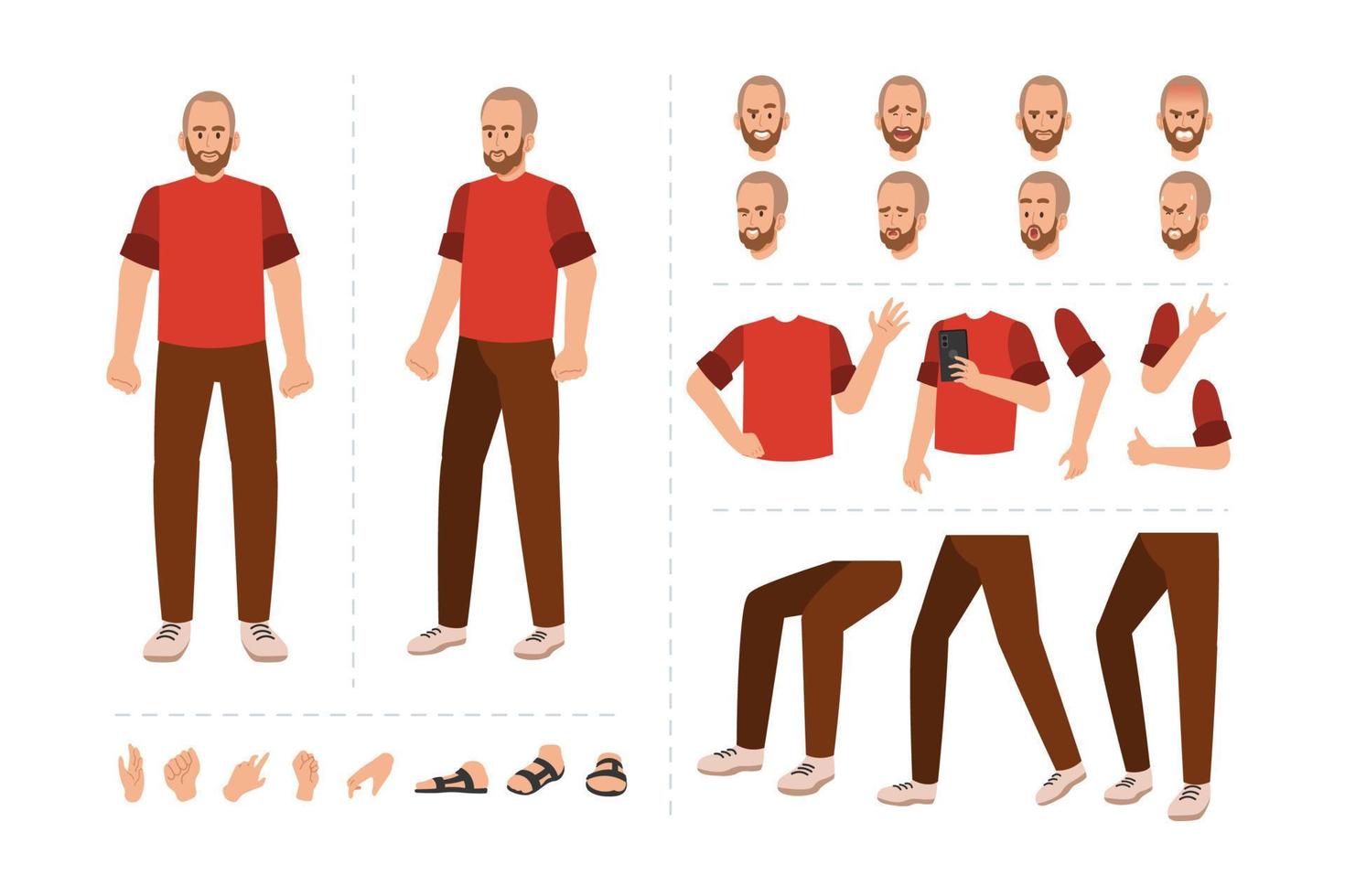 personaje masculino con varias expresiones faciales, gestos con las manos, movimiento corporal y de piernas. personaje de dibujos animados para animación en movimiento vector