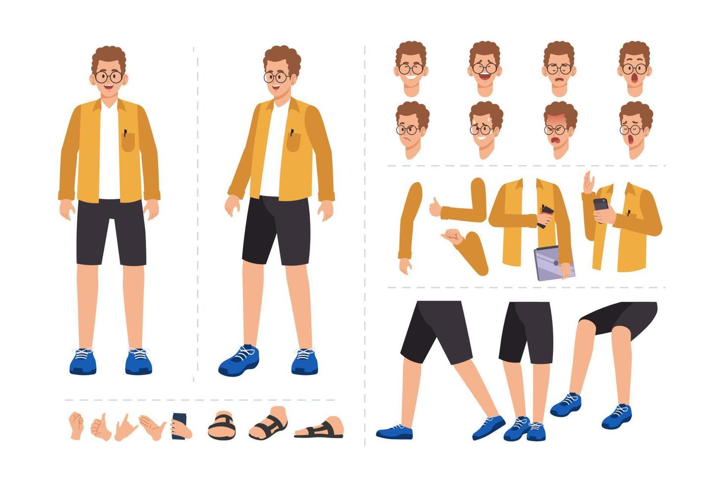 Boy cartoon character with various facial expressions, hand gestures, body and leg movement. Cartoon character for motion animation vector