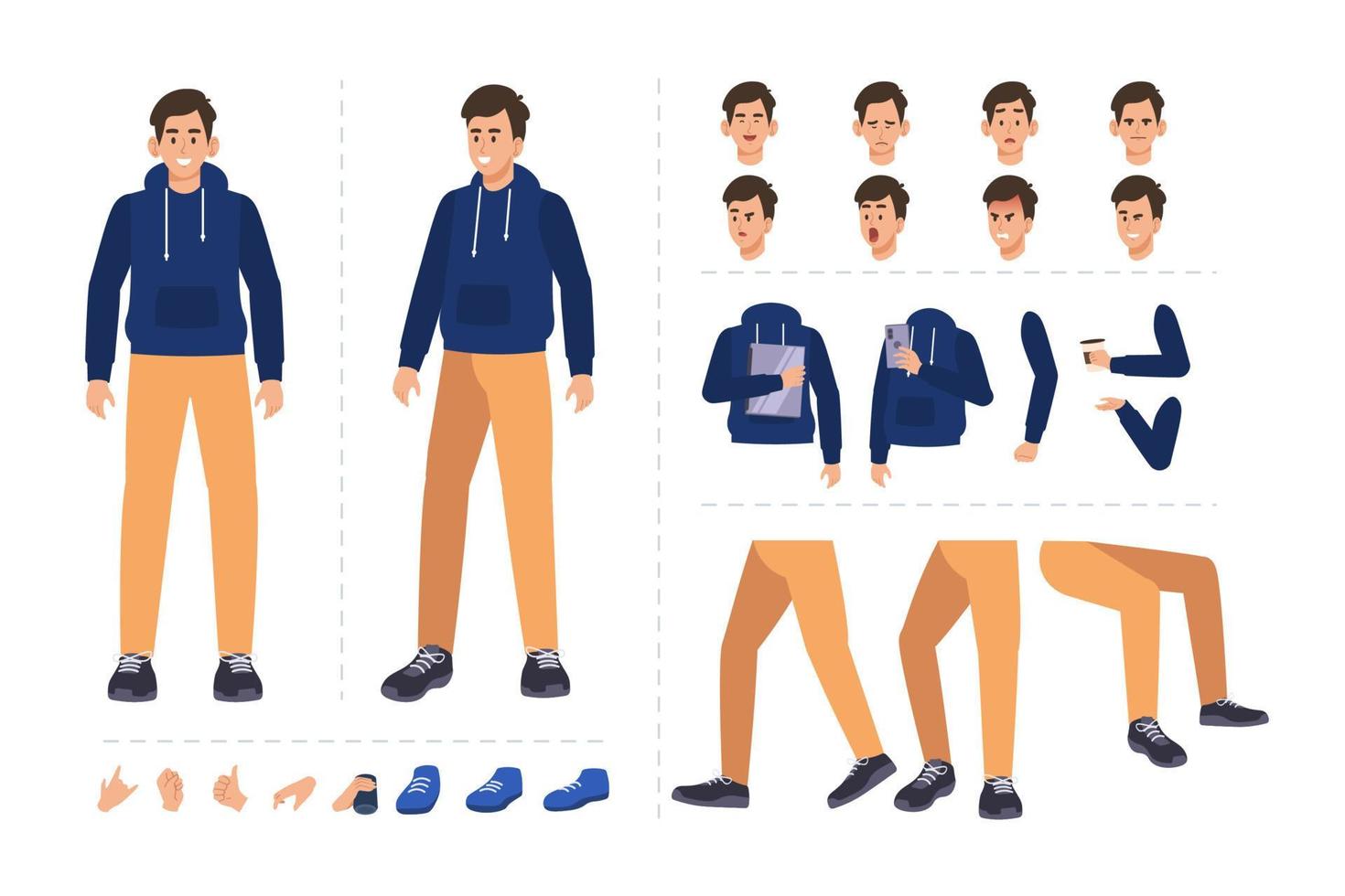 personaje de dibujos animados de hombre joven para diseño de movimiento con expresiones faciales, gestos de mano, movimiento de cuerpo y pierna vector