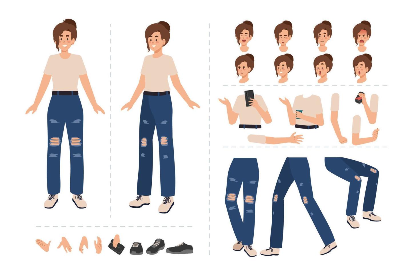 Woman cartoon character for motion design with facial expressions, hand gestures, body and leg movement vector