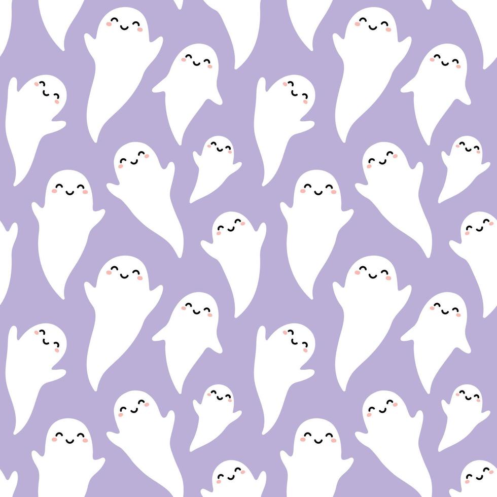 Cute flying ghosts pattern on a light purple background. Pastel violet Halloween ghost seamless pattern repeat. vector