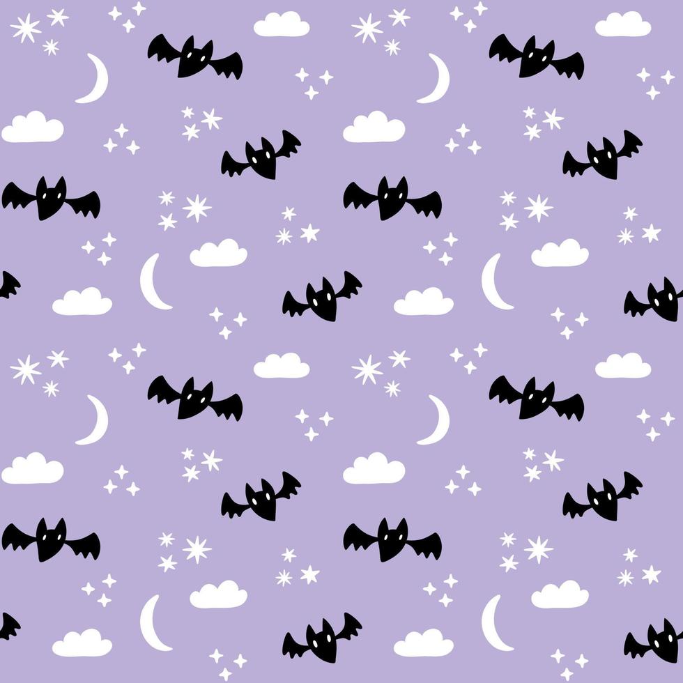 patrón de murciélagos voladores de halloween violeta pastel. fondo de cielo nocturno púrpura pastel con luna creciente, estrellas y nubes. vector