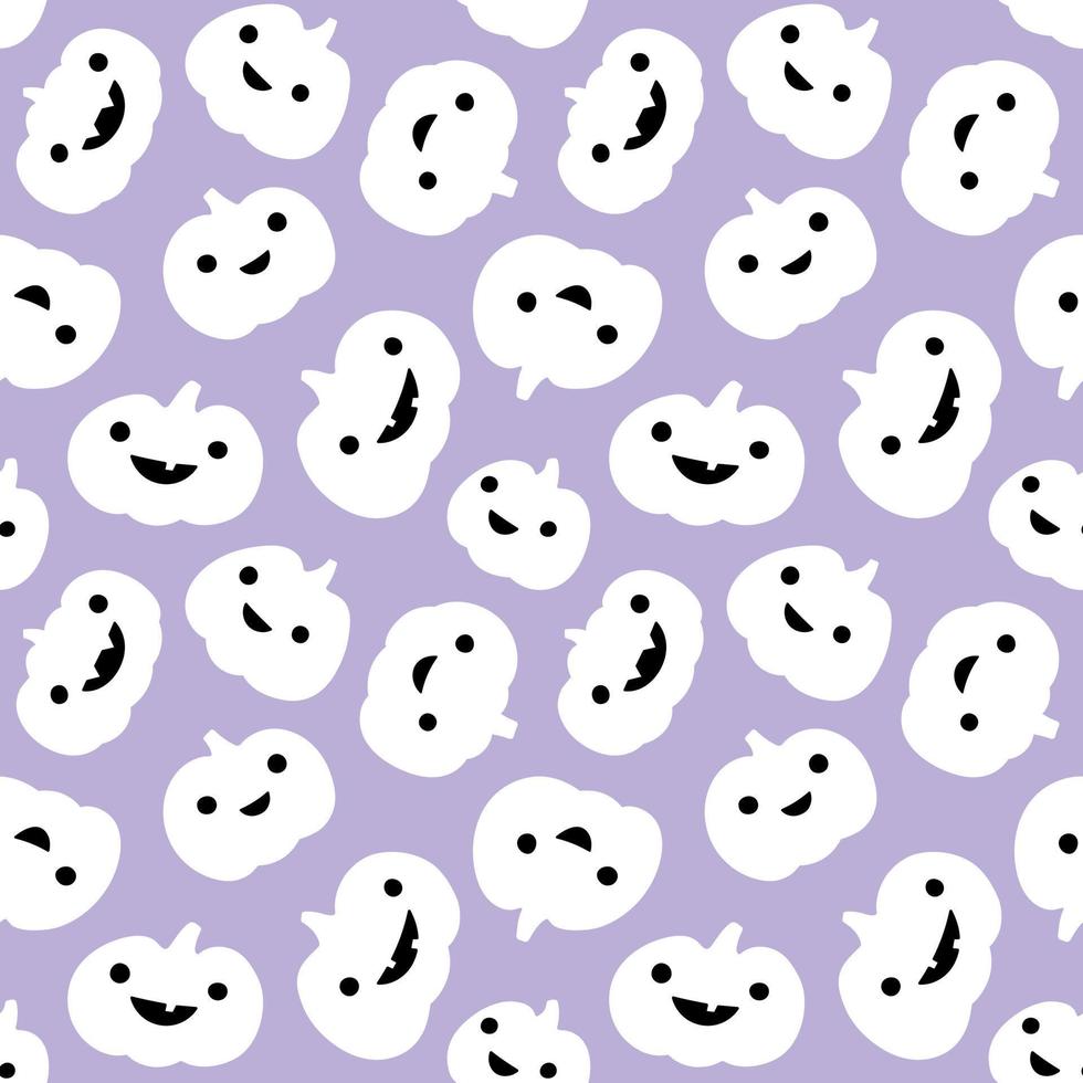 Light purple Halloween smiling pumpkin faces seamless pattern. Funny pumpkins pastel violet Halloween background. vector