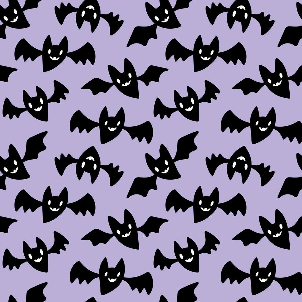 Black vampire bats on pastel purple Halloween seamless pattern. Flying smiling bats scattered on a light violet background. vector