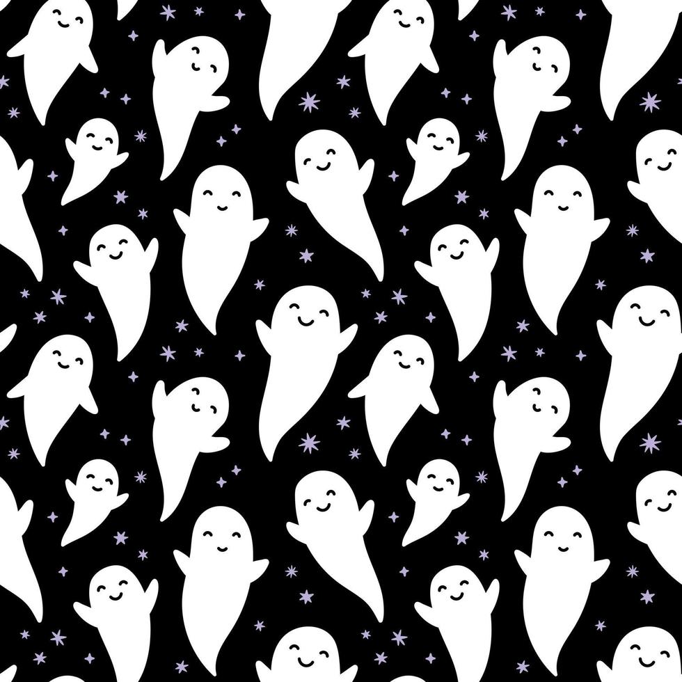 Cute smiling ghosts flying on a dark night starry sky background Halloween seamless pattern. vector