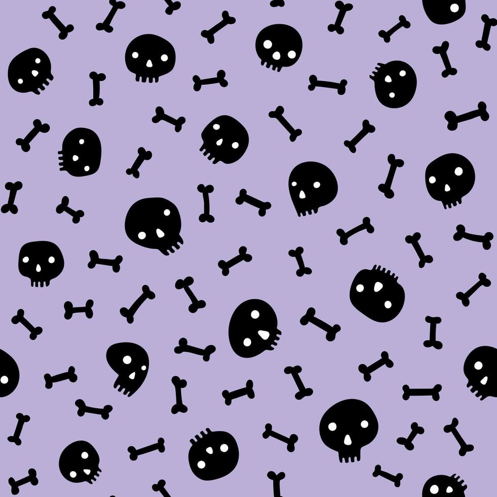 Black skulls and bones on pastel purple Halloween seamless pattern. Funny skull faces and bones scattered on a lilac background. Emo y2k repeat pattern. vector