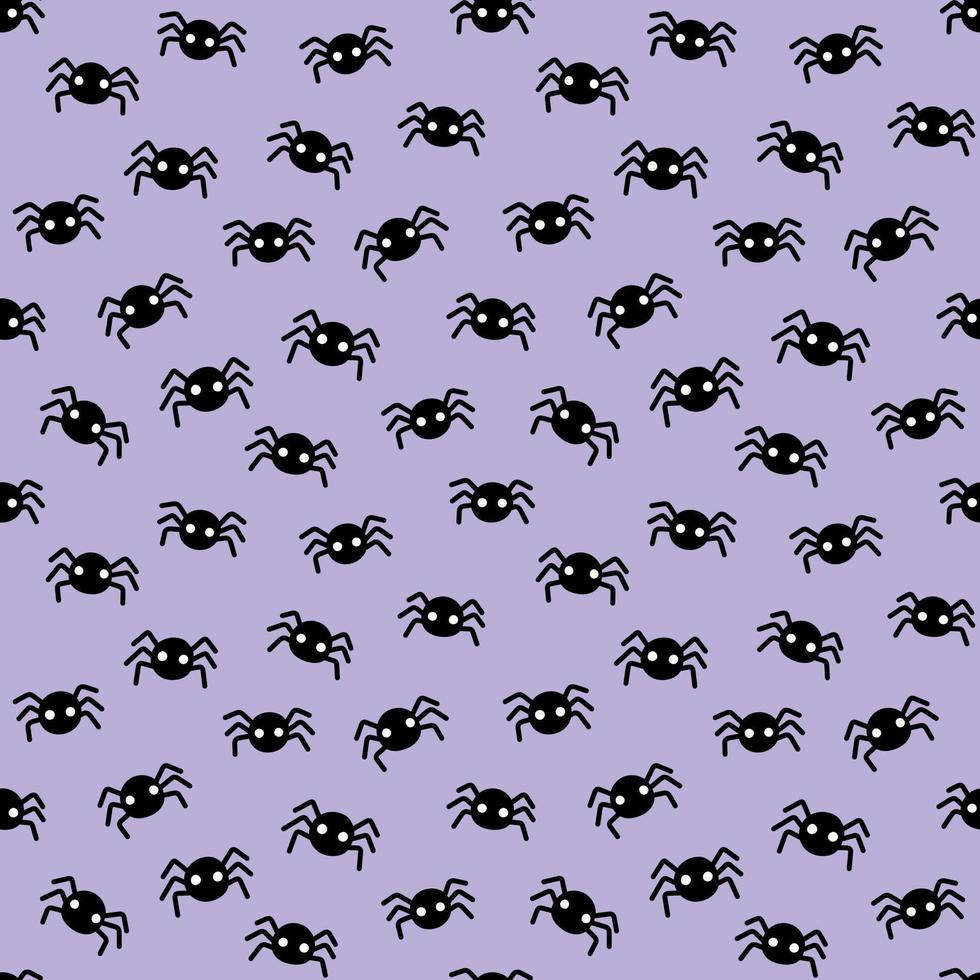 Small black spiders scattered on light purple background cute Halloween seamless pattern. Pastel violet spooky repeat background. vector