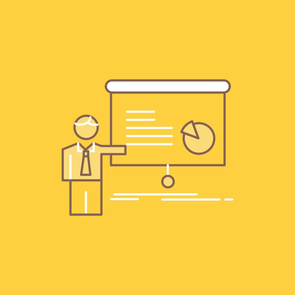 graph. meeting. presentation. report. seminar Flat Line Filled Icon. Beautiful Logo button over yellow background for UI and UX. website or mobile application vector