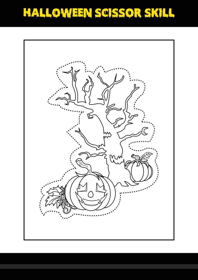 Halloween scissor skill for kids. Halloween scissor skill coloring page for kids. vector