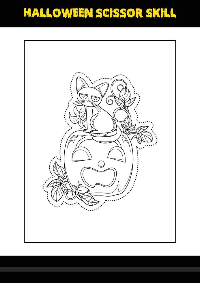 Halloween scissor skill for kids. Halloween scissor skill coloring page for kids. vector