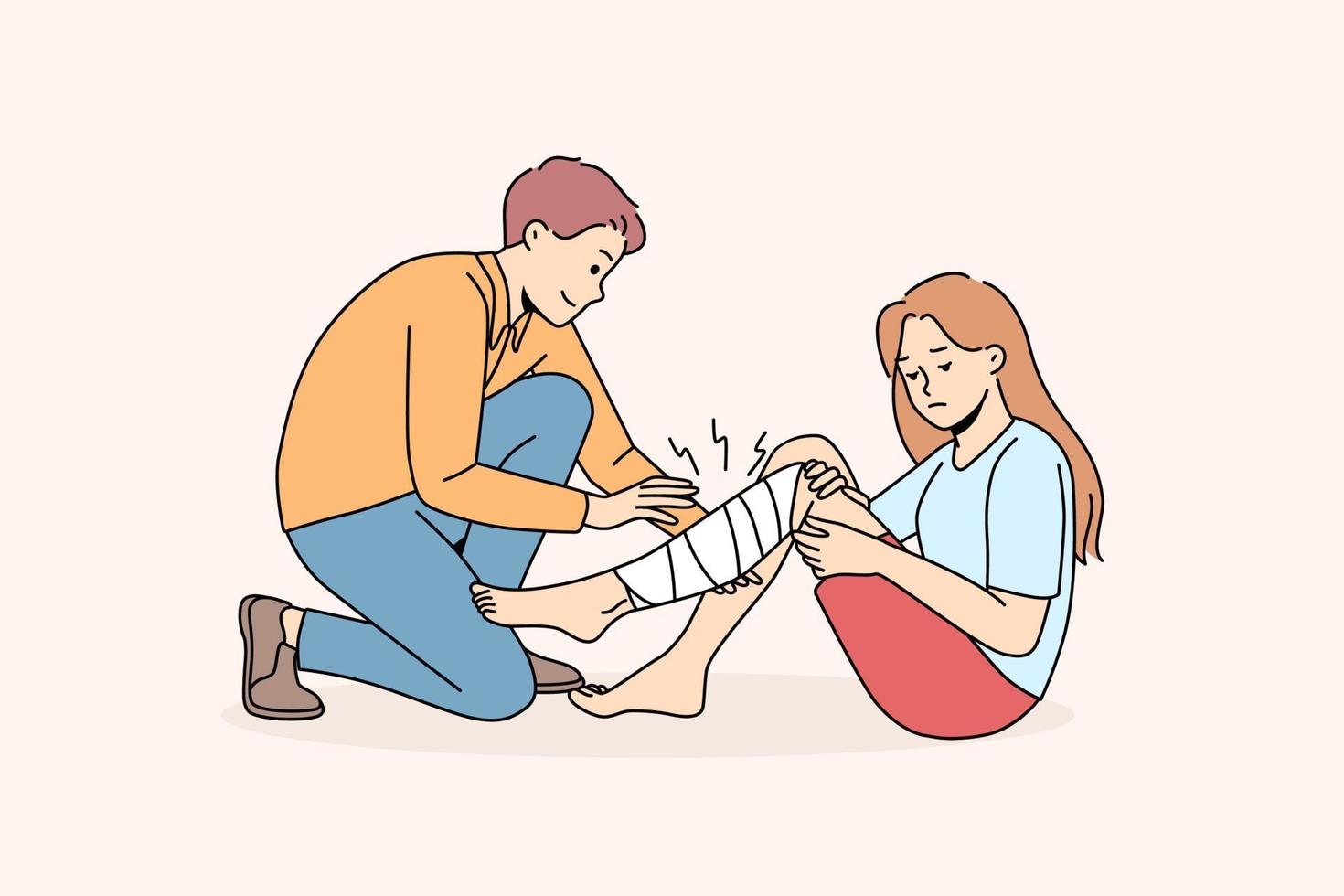 Man give first aid to hurt girl with leg injury. Male volunteer help little child broke leg outdoors, put bandage. Vector illustration.