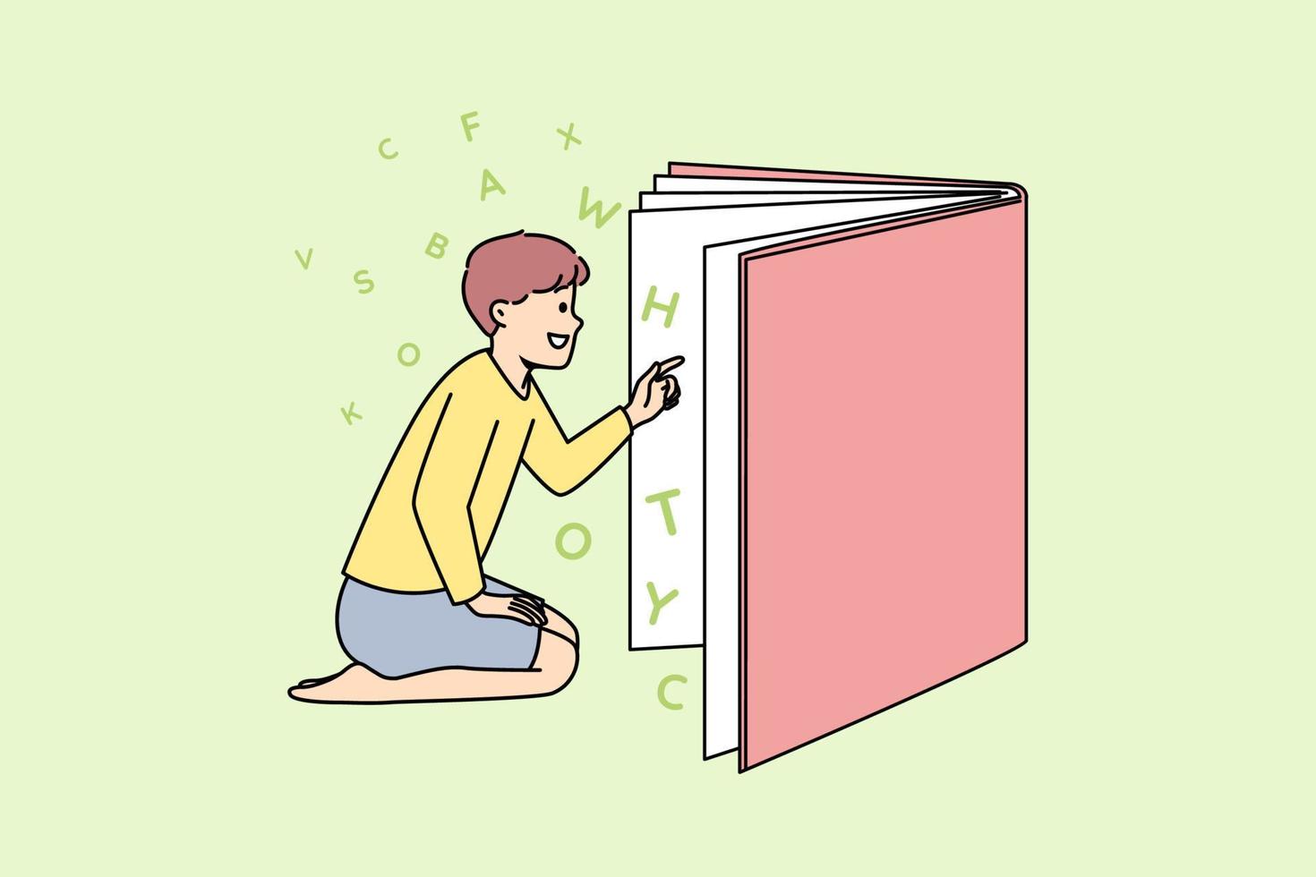 Happy boy reading book . Vector Happy child reading huge book enjoy fairytale world. Smiling boy look in textbook fond of novel or story. Literature and knowledge. Vector illustration.