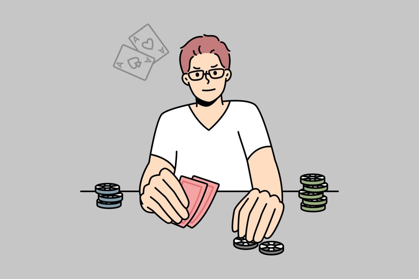 Young man playing poker. Male gamer engaged in gambling enjoy card game at table. Vector illustration.
