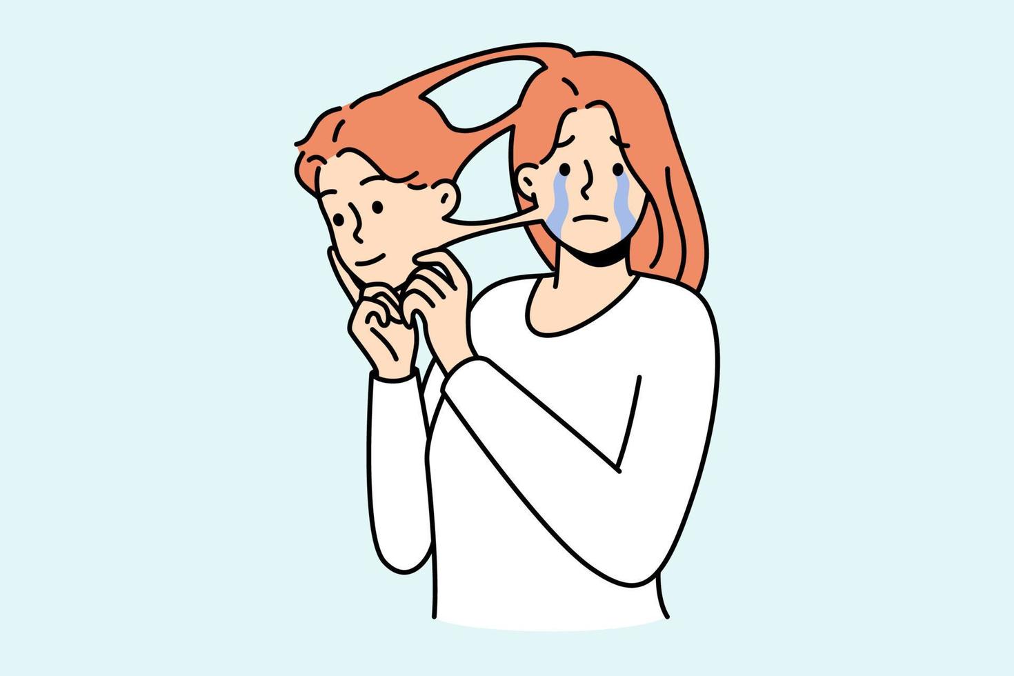 Unhappy crying woman take out mask of man suffer from trans gender identity problem. Concept of transsexual and queer people. Vector illustration.