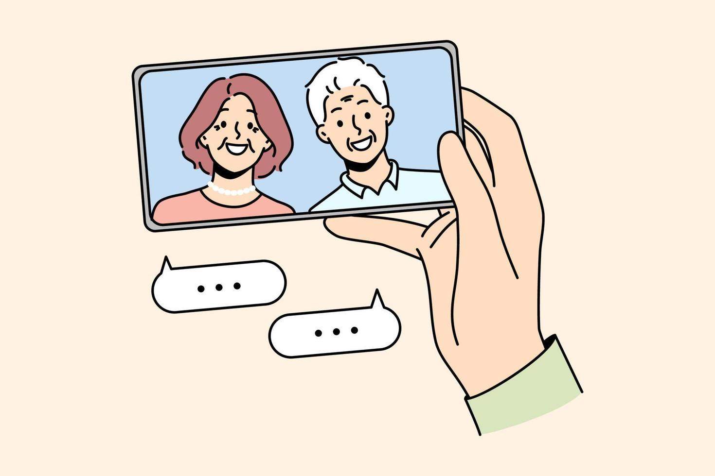 Hand holding cellphone talking with mature parents online on video call. Person have webcam conversation with senior grandparents on smartphone. Vector illustration.