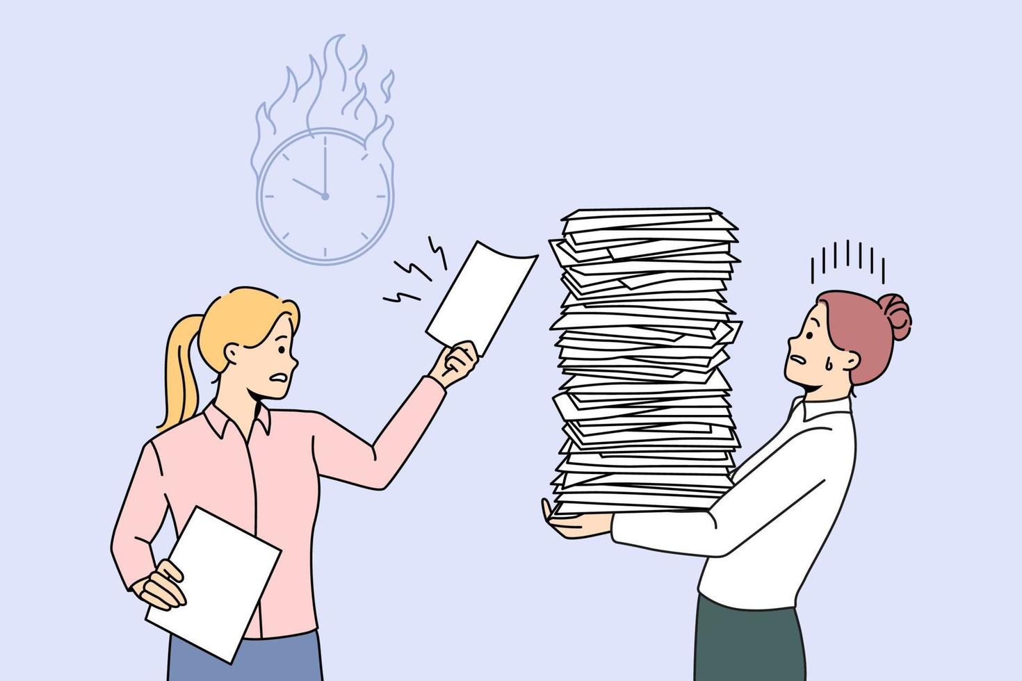 Businesswoman give more work to stressed female employee with stack of papers. Office manager overwhelmed with paperwork. Burnout and fatigue. Vector illustration.