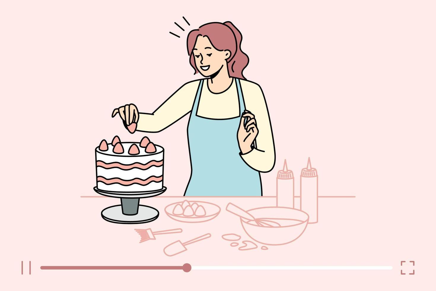 bloguera de comida femenina disparando receta de pastel en un canal en línea. una vloguera hace una transmisión en vivo de postres horneados. panadería casera. ilustración vectorial vector