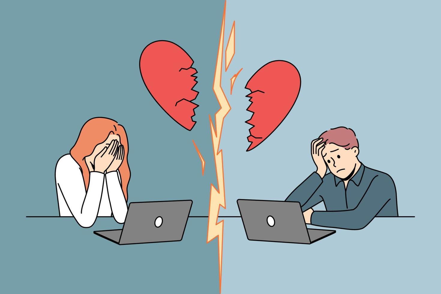 Unhappy man and woman dating online end relationship. Sad couple have breakup or misunderstanding talking on internet. Vector illustration.