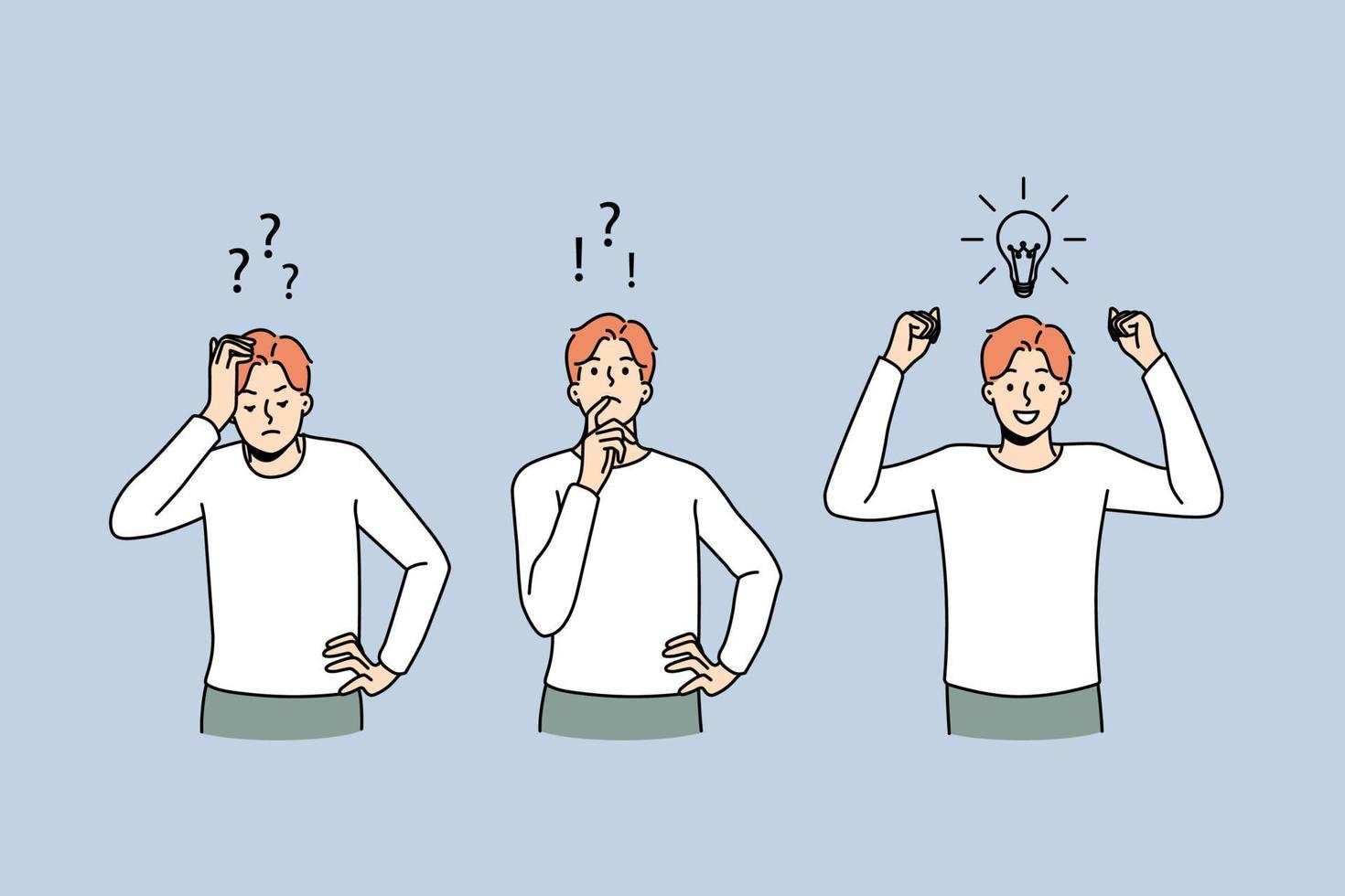 Man feeling confused thinking looking for problem solution. Process of brainstorming and idea generation. Innovation and problem solving. Vector illustration.