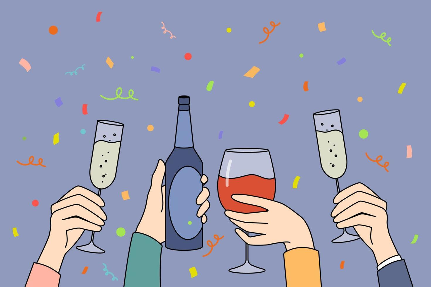 Hands of people holding glasses drinking together on party. Group having fun enjoy cocktails beverages on celebration. Vector illustration.