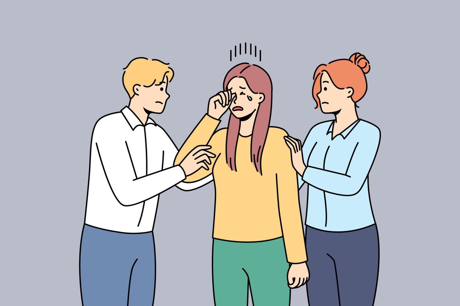 People support hug unhappy girl crying having problems. Friends comfort