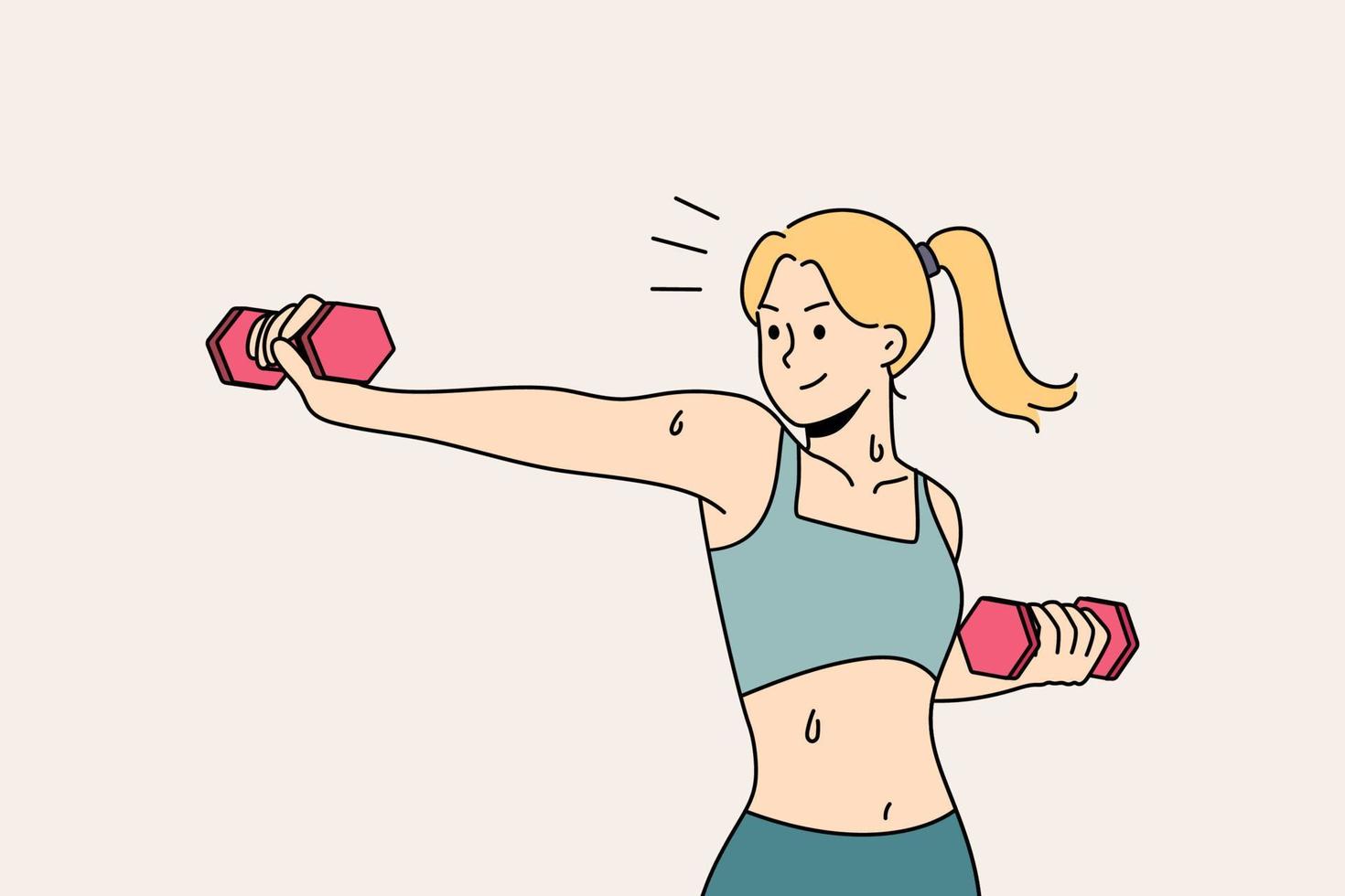 Active fit young woman with dumbbells training for good body figure. Toned girl in sportswear workout do sports follow healthy lifestyle. Vector illustration.